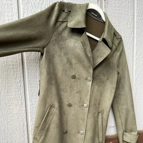 Zara Basic full length faux suede army green button up collared trench coat - Picture 8 of 15